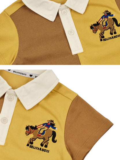 [BABY SET] Yellow Cowboy Half Color Block Collar Shirt & Shorts