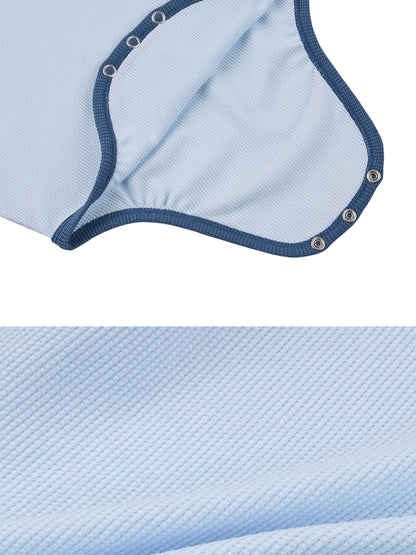 BABY Light Blue BB Heart Color Block Waffle Short Collar Bodysuit