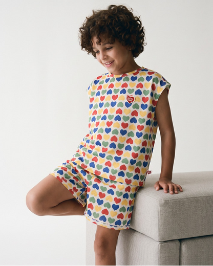 [SET] Cream Rainbow Heart Mesh Sleeveless Shorts
