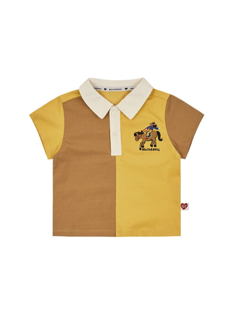 [BABY SET] Yellow Cowboy Half Color Block Collar Shirt & Shorts