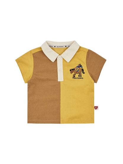 [BABY SET] Yellow Cowboy Half Color Block Collar Shirt & Shorts