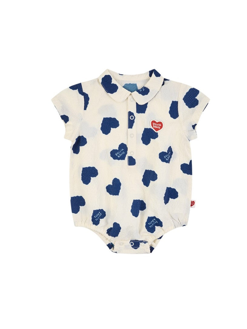 BABY Blue Heart Pattern Polysucker Short Collar Bodysuit
