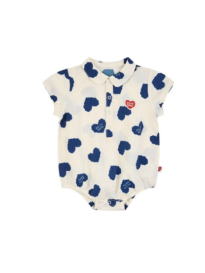 BABY Blue Heart Pattern Polysucker Short Collar Bodysuit