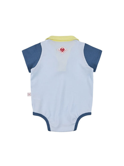BABY Light Blue BB Heart Color Block Waffle Short Collar Bodysuit