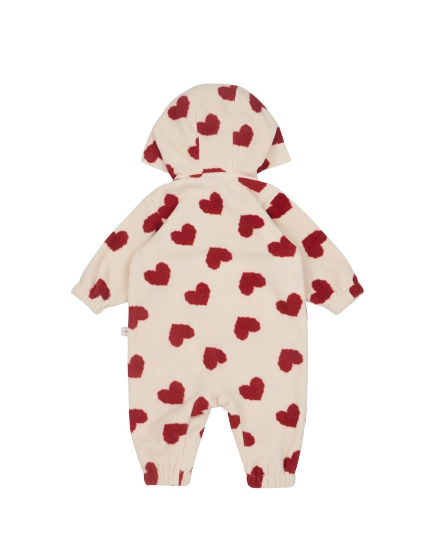 BABY Red BB Heart Pattern Fleece Hooded Jumpsuit