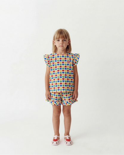 [GIRL SET] Cream Rainbow Heart Polysucker Blouse & Shorts