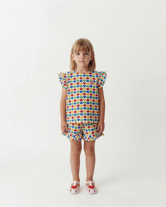 [GIRL SET] Cream Rainbow Heart Polysucker Blouse & Shorts