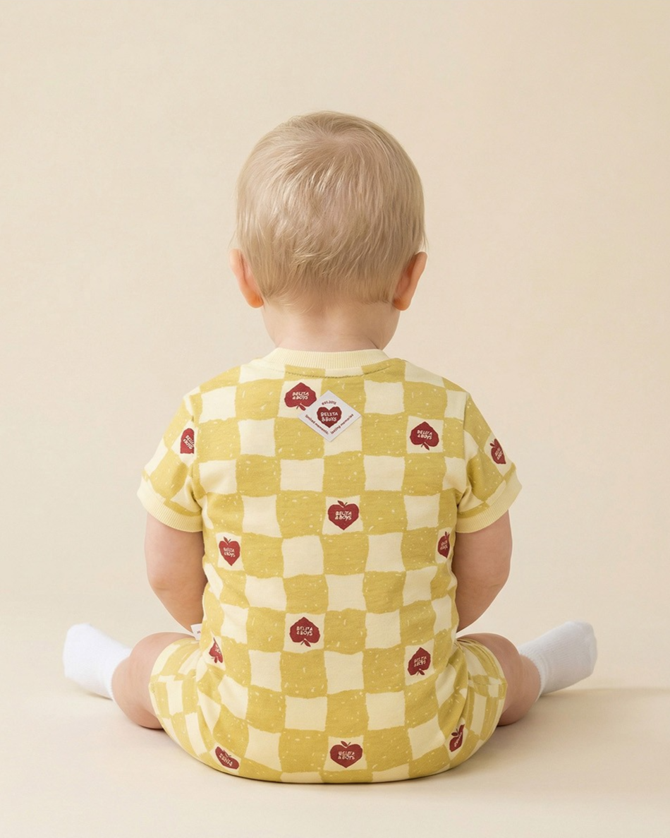 BABY Yellow Bubble Apple Checkerboard Short Jumpsuit