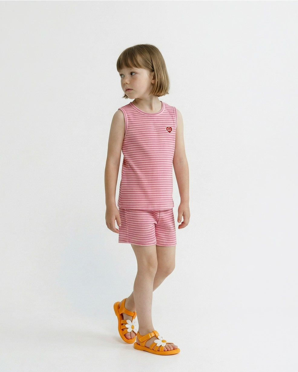 [SET] Pink BB Heart Stripe Sleeveless Shorts