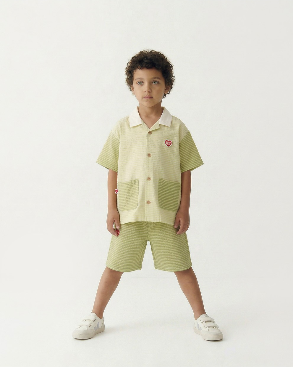 [SET] Green Color Block Polysucker Shirt & Shorts