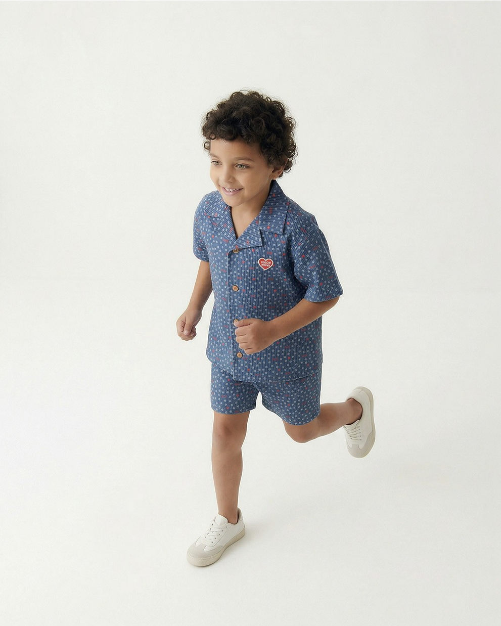 [SET] Blue BB Heart All-Over Denim Shirt & Shorts