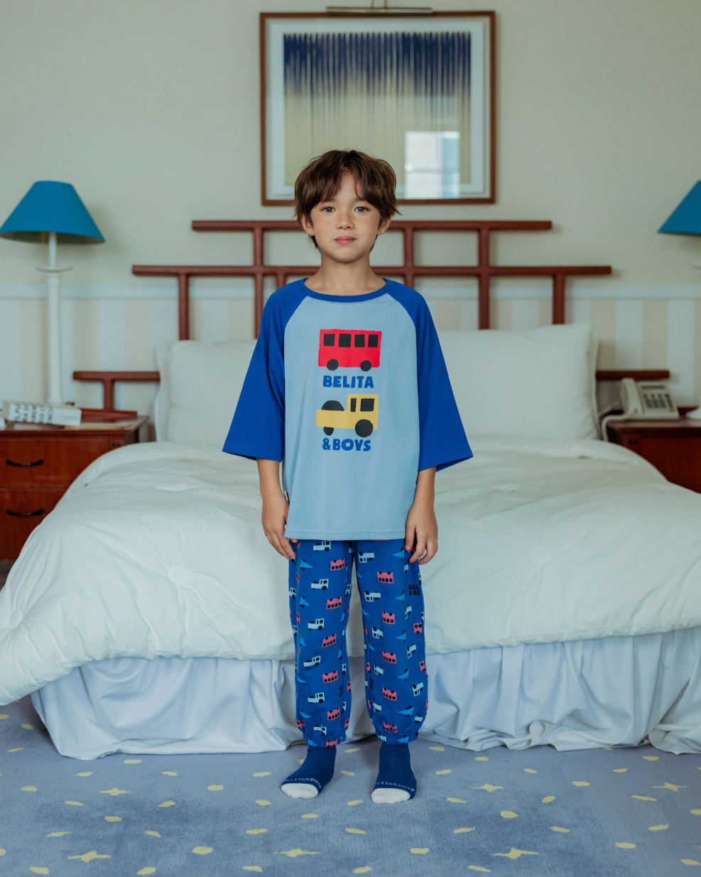 Blue Bus and Truck Color Block Raglan Mid Sleeve