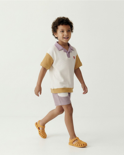 Cream BB Heart Color Block Waffle Collar Shirt