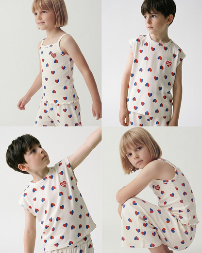 Ivory Red Blue Heart Pattern Crop Pants