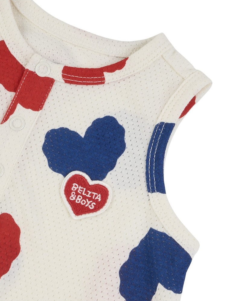 BABY Ivory Red Blue Heart Pattern Mesh Sleeveless Bodysuit