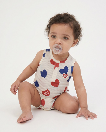 BABY Ivory Red Blue Heart Pattern Mesh Sleeveless Bodysuit