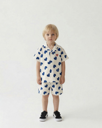 [SET] Blue Heart Pattern Polysucker Shirt & Shorts