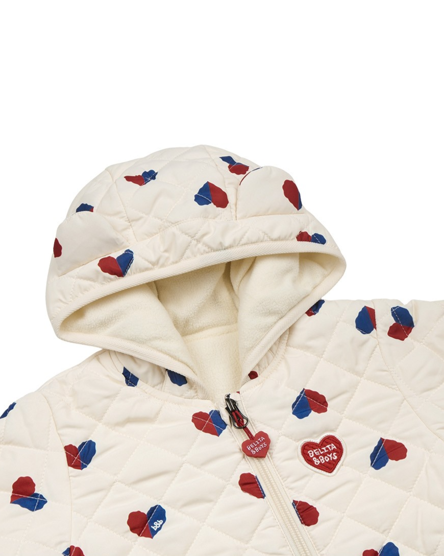 BABY Cream Red Blue Heart Quilted Hooded Jumpsuit