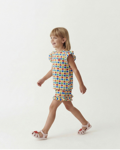 [GIRL SET] Cream Rainbow Heart Polysucker Blouse & Shorts
