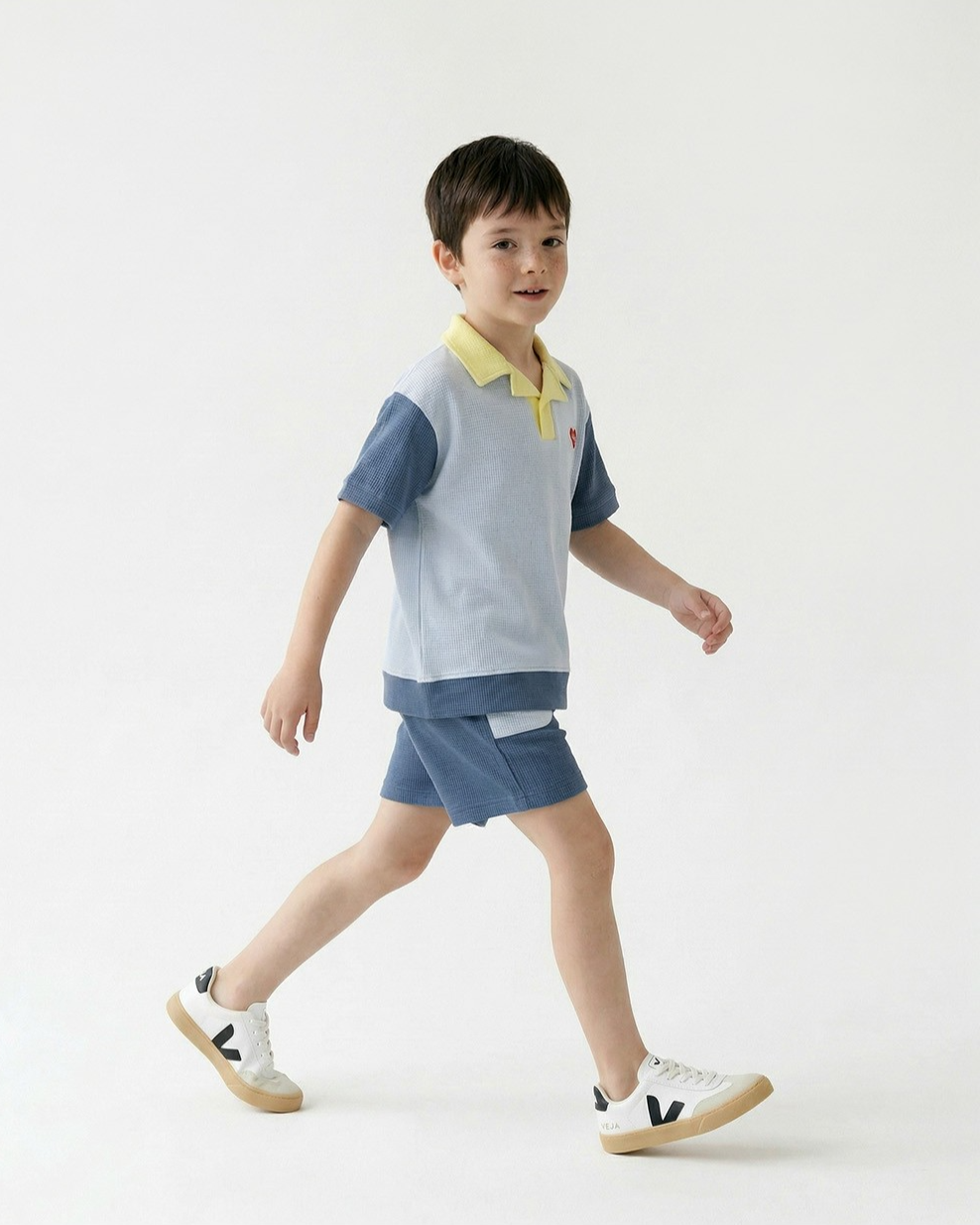 Light Blue BB Heart Color Block Waffle Collar Shirt