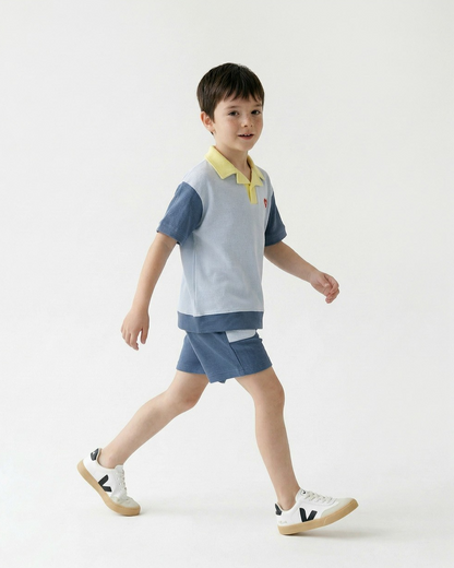 Light Blue BB Heart Color Block Waffle Collar Shirt
