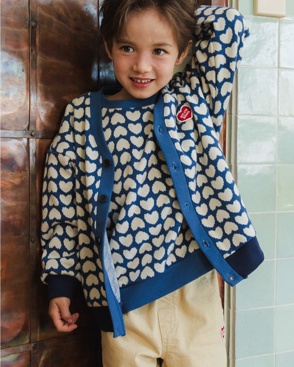 Dark Blue Heart Pattern Knit Cardigan