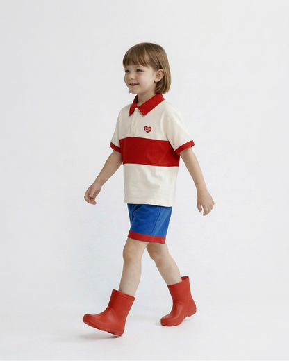 Red BB Heart Color Block Collar Shirt