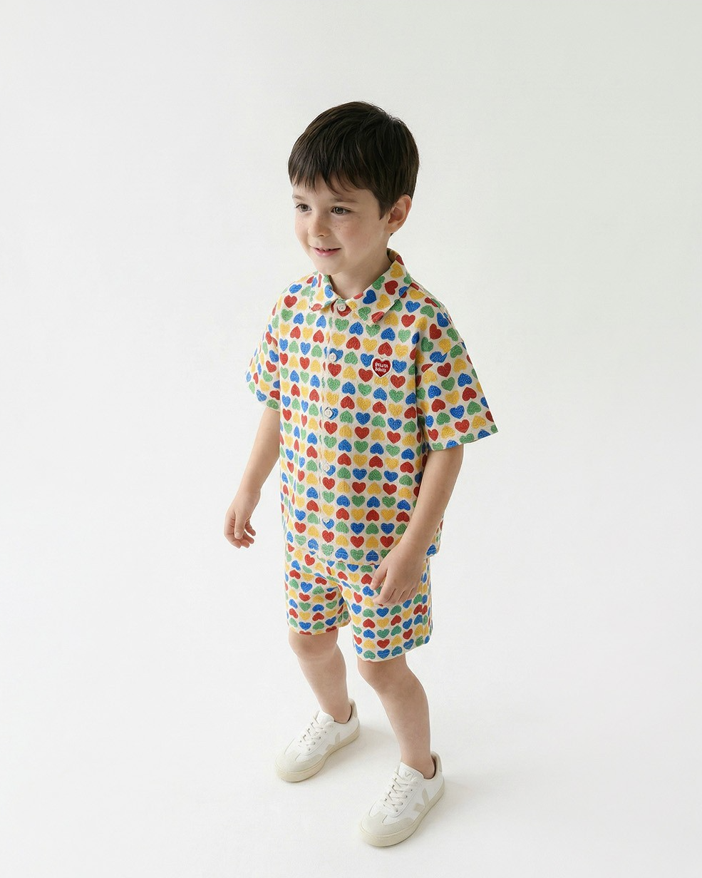 [SET] Cream Rainbow Heart Polysucker Shirt & Shorts