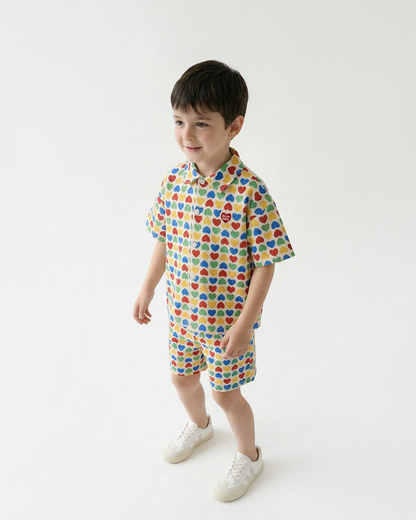 [SET] Cream Rainbow Heart Polysucker Shirt & Shorts