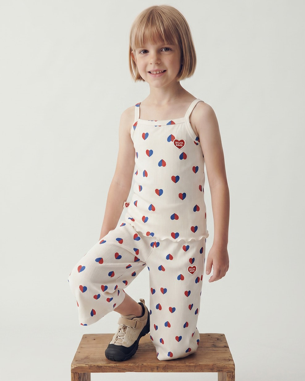 GIRL Ivory Red Blue Heart Pattern Sleeveless
