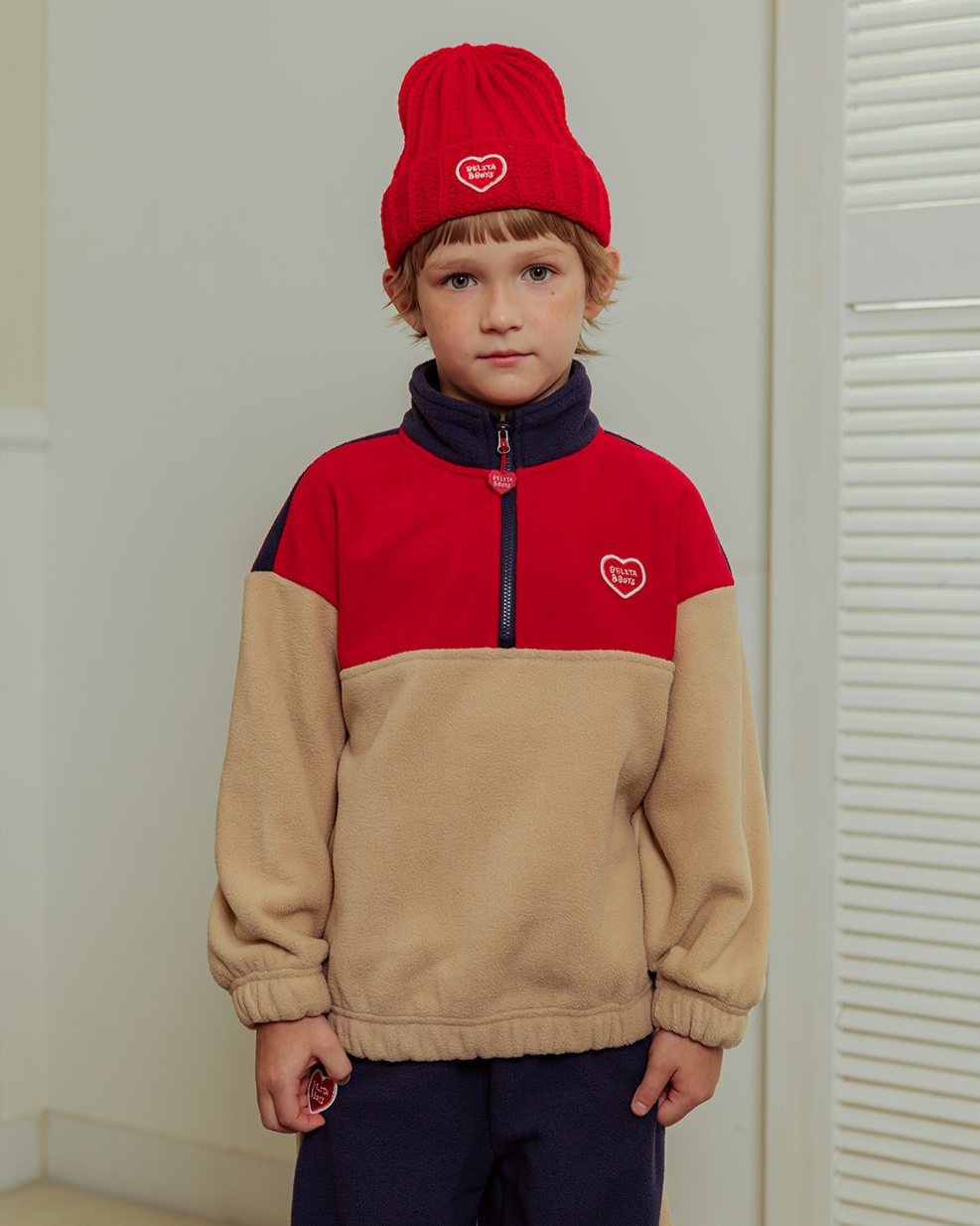 [SET] Beige BB Heart Color Block Fleece Half Zip up Jogger