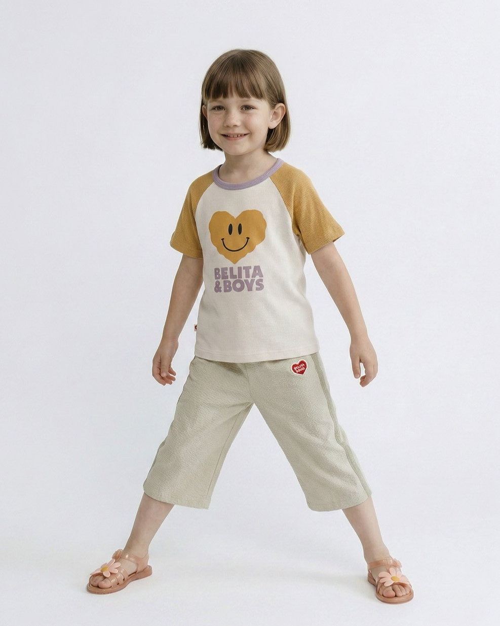 Light Beige BB Heart Color Block Polysucker Crop Pants