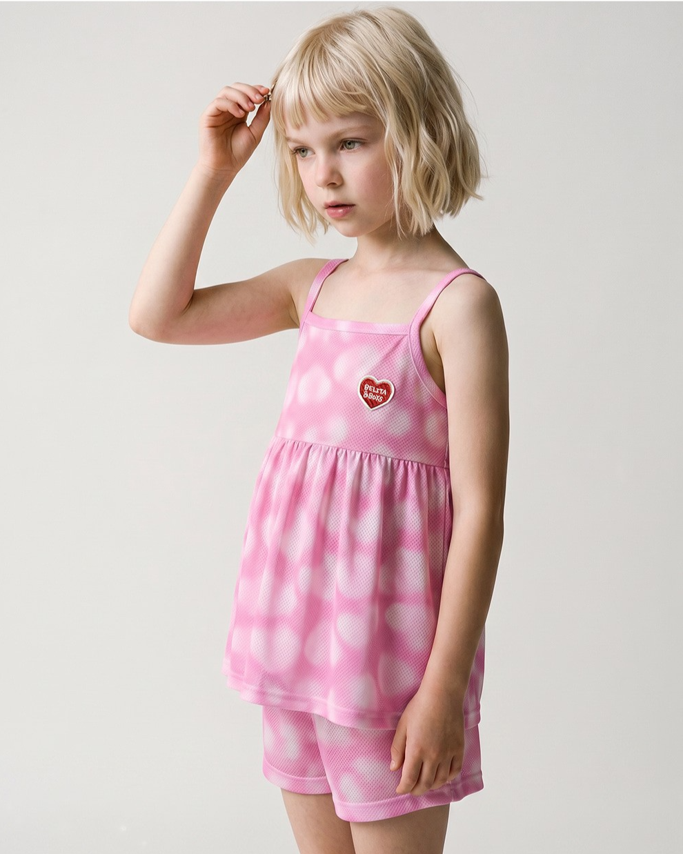 [GIRL SET] Pink Water Dye Heart Pattern Sleeveless Shorts