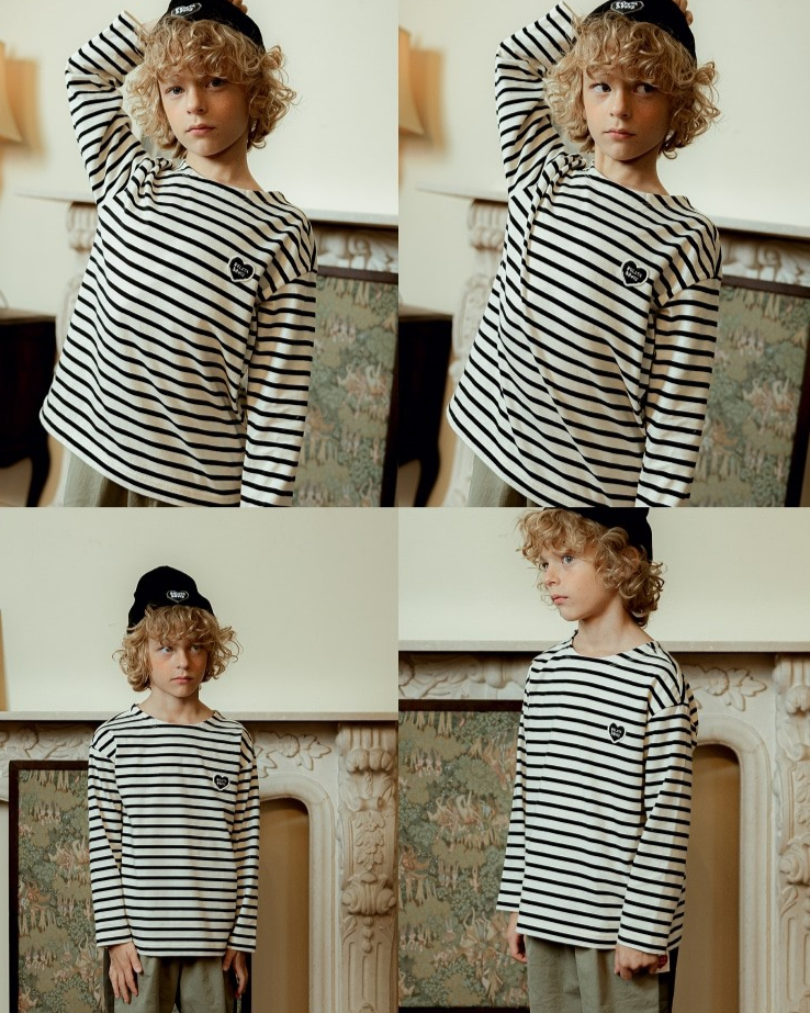 Black Stripe BB Heart Boat Neck Long Sleeve