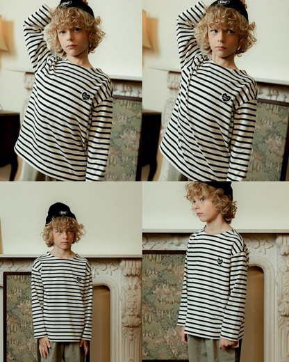 Black Stripe BB Heart Boat Neck Long Sleeve