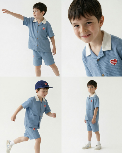 [SET] Light Blue Color Block Polysucker Shirt & Shorts