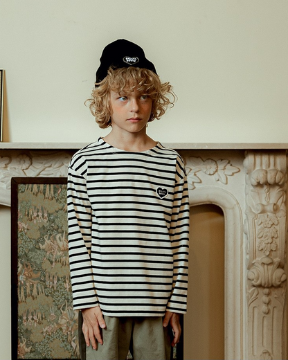 Black Stripe BB Heart Boat Neck Long Sleeve