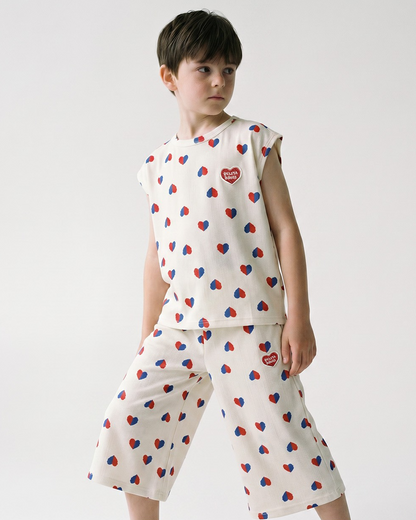 Ivory Red Blue Heart Pattern Crop Pants