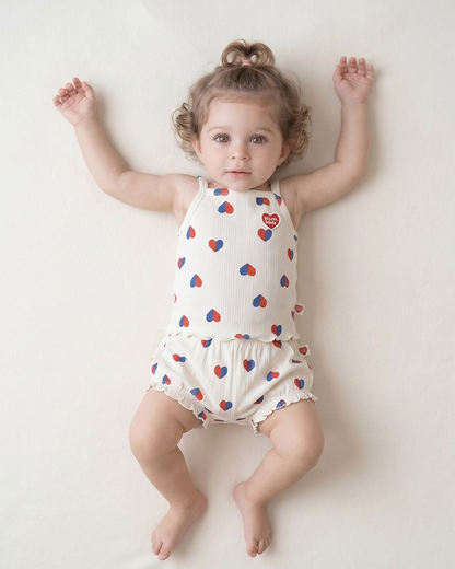 [BABY GIRL SET] Ivory Red Blue Heart Pattern Sleeveless Shorts
