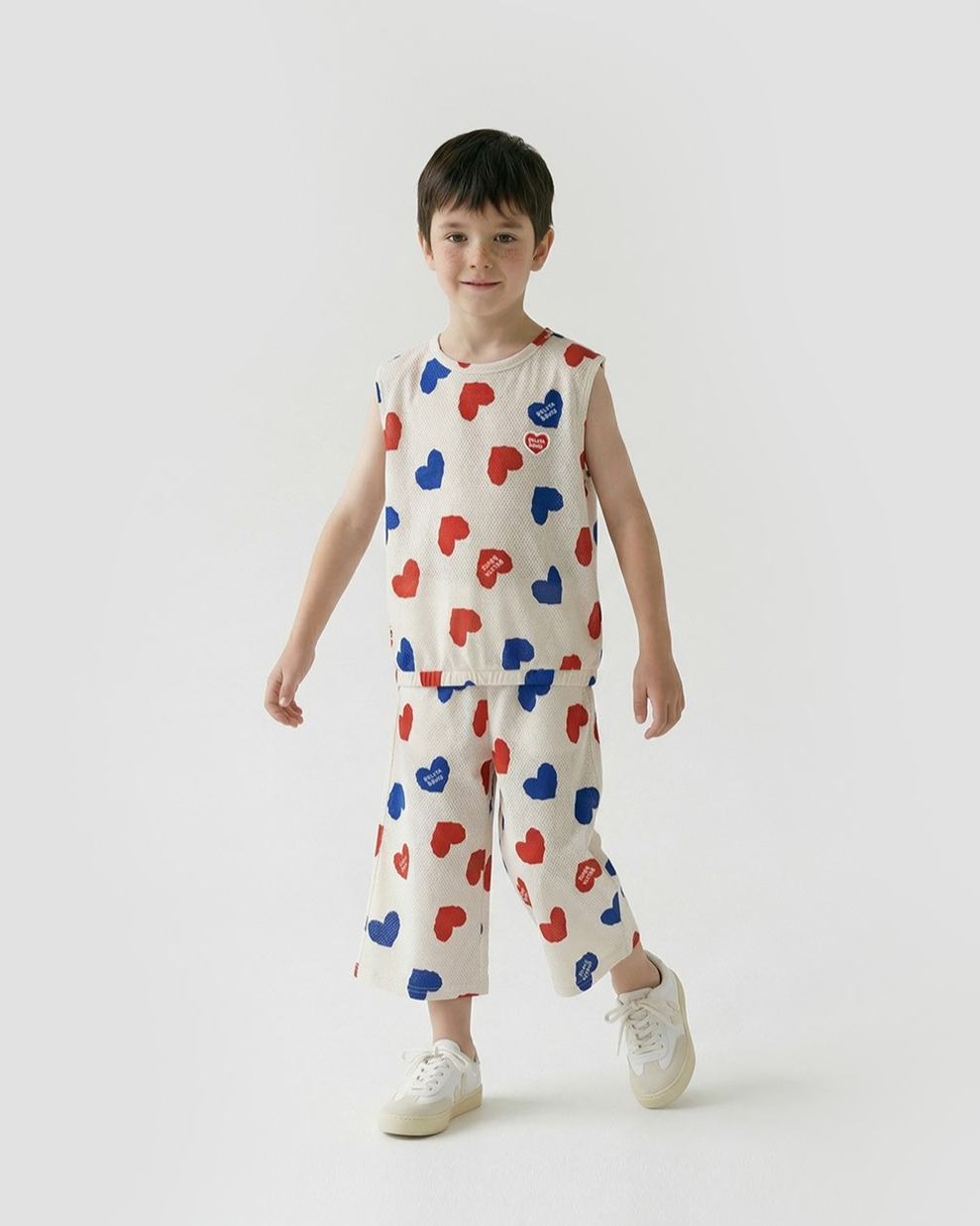 [SET] Ivory Red Blue Heart Pattern Mesh Sleeveless Crop