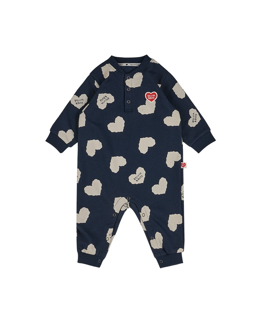 [BABY SET] Navy BB Heart Pattern Jumpsuit & Bonnet
