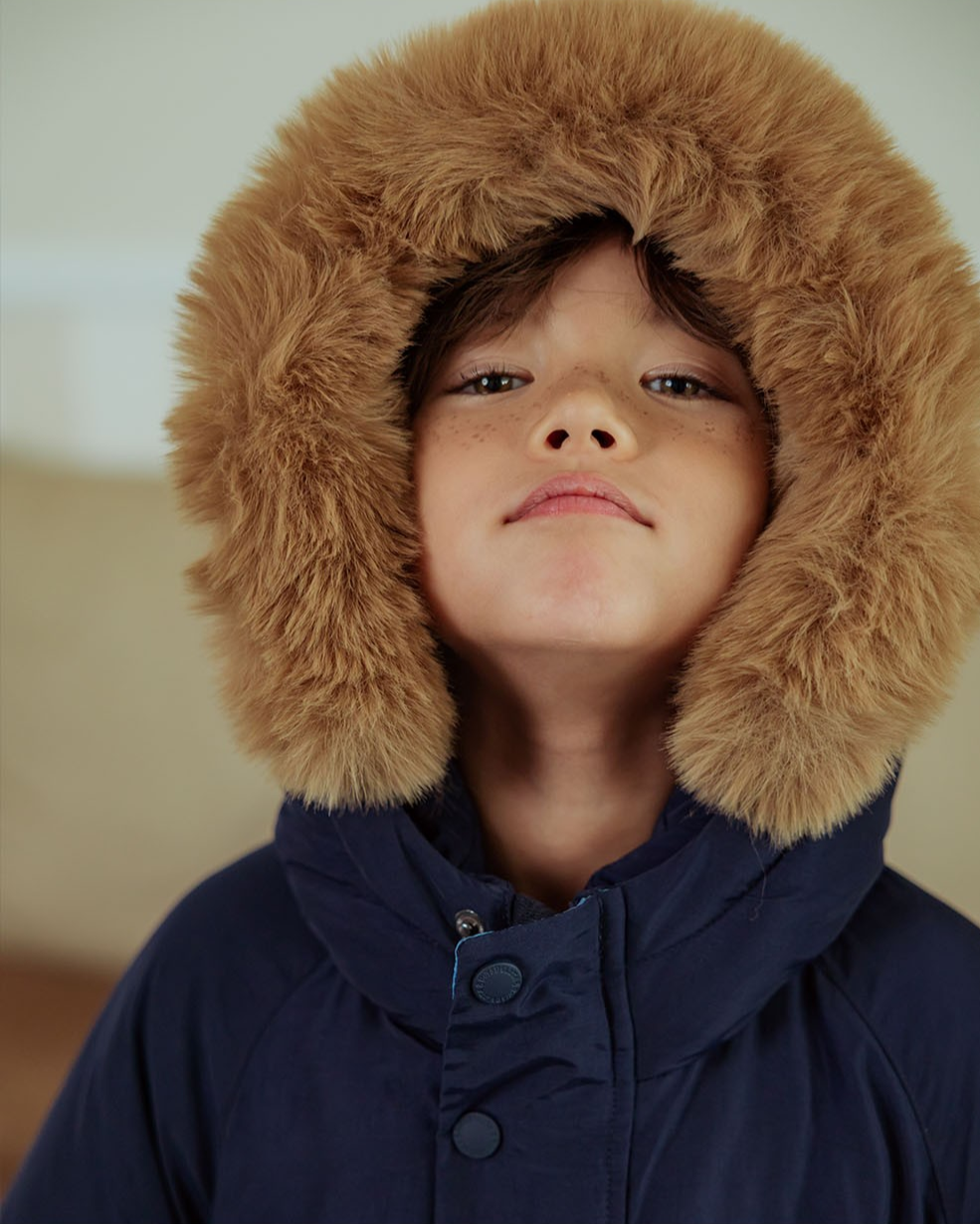 Navy Duck Down Fur Hooded Taslan Jumper