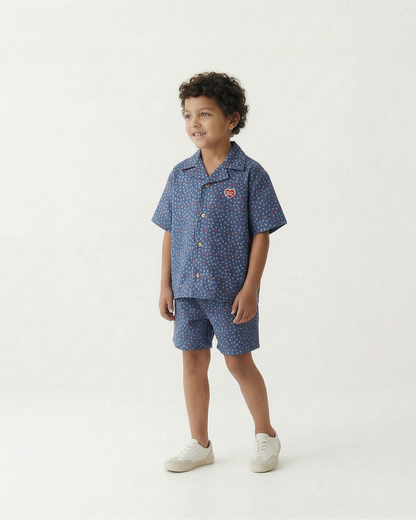 [SET] Blue BB Heart All-Over Denim Shirt & Shorts