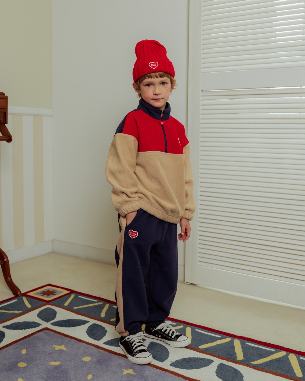 [SET] Beige BB Heart Color Block Fleece Half Zip up Jogger