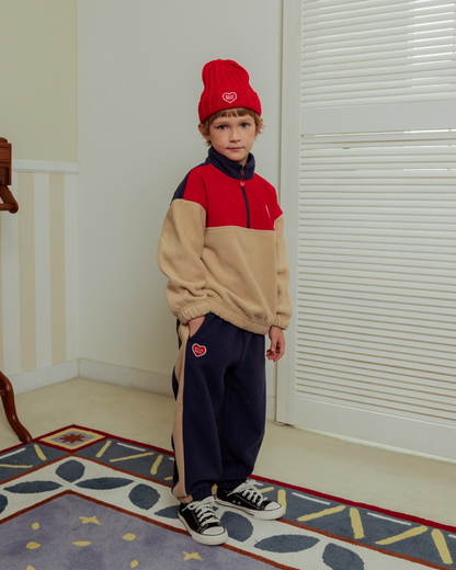 [SET] Beige BB Heart Color Block Fleece Half Zip up Jogger